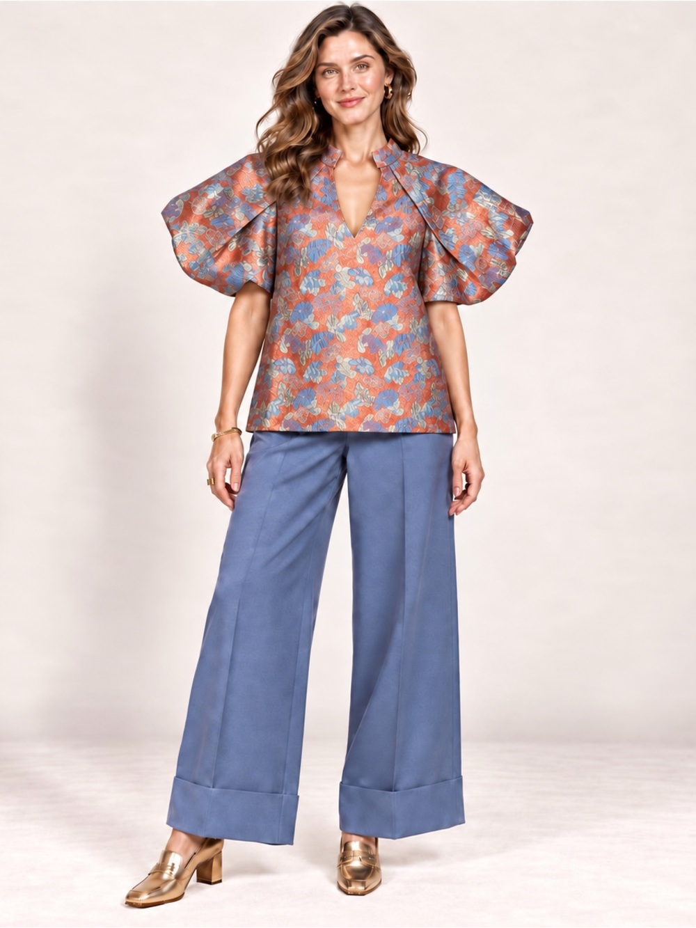 Umgee SZ M metallic copper/gold/blue floral puff sleeve top/bust 20.5”